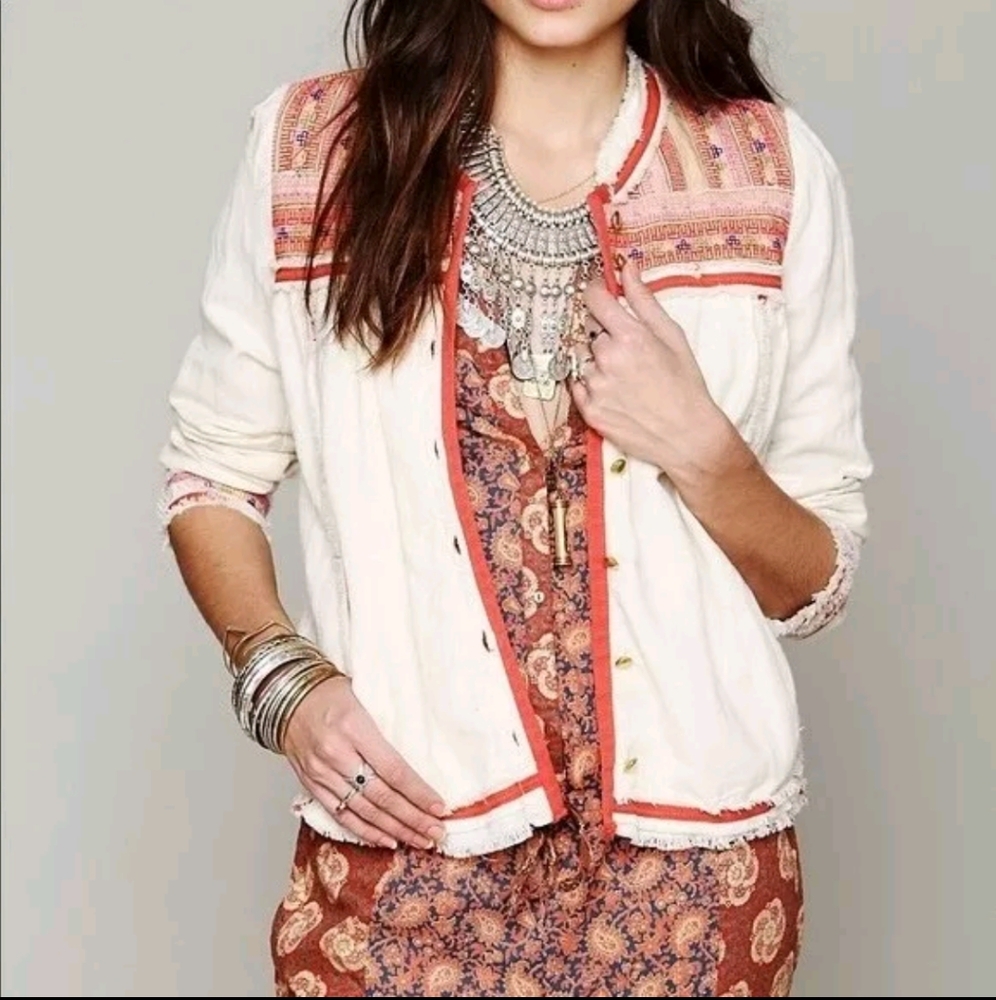 Free People Prairie Swing Boho Jacket Cotton Embroidered Pockets Sz XS